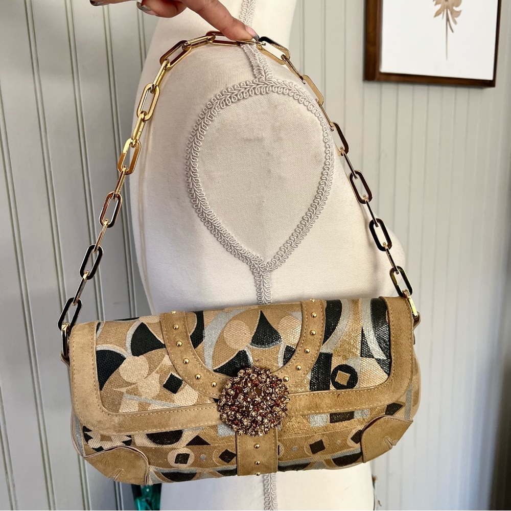 Pink Moon NY Suede Geometric Pattern Tan Black Baguette with Gold Chain Bag